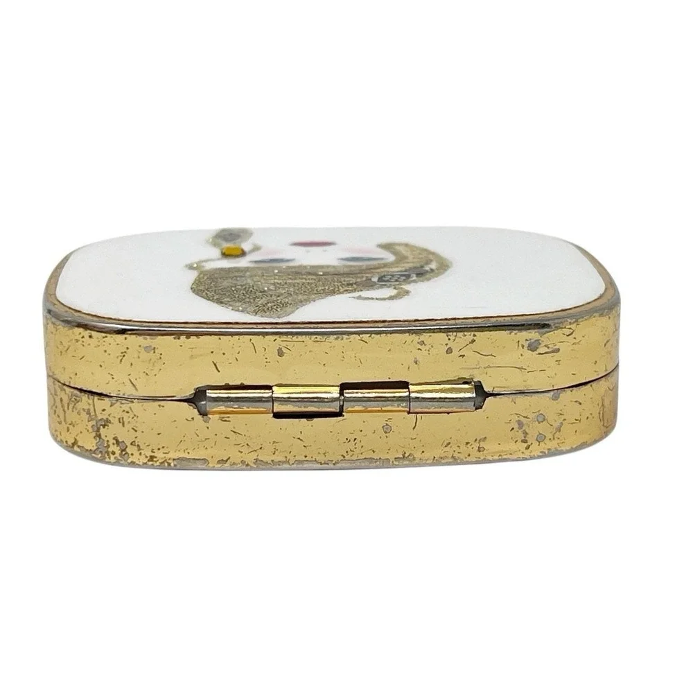 Vintage Embellished Woman Travel Pillbox 3 Compartments Gold Tone Easy Open